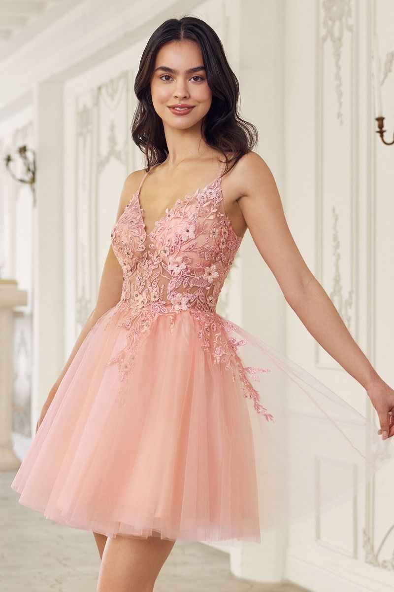 significant other astrid mini dress Ladivine SF047 Lace Bodice A Line Layered Tulle Short Dress, Blush / XXS