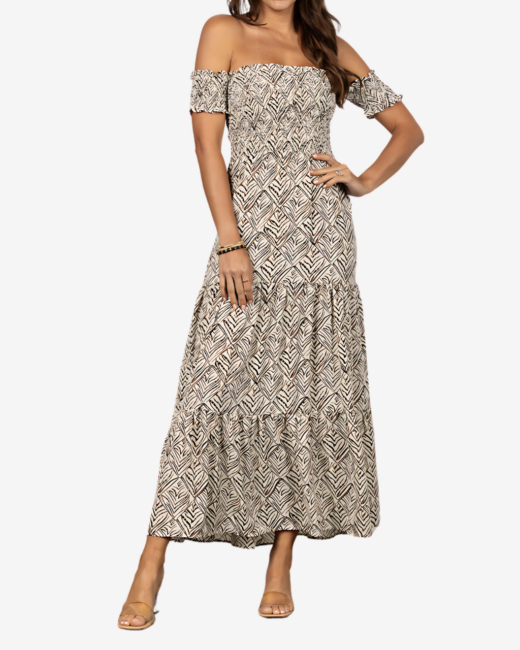 Sun-Kissed Leaf Print Off-the-Shoulder Maxi Dress