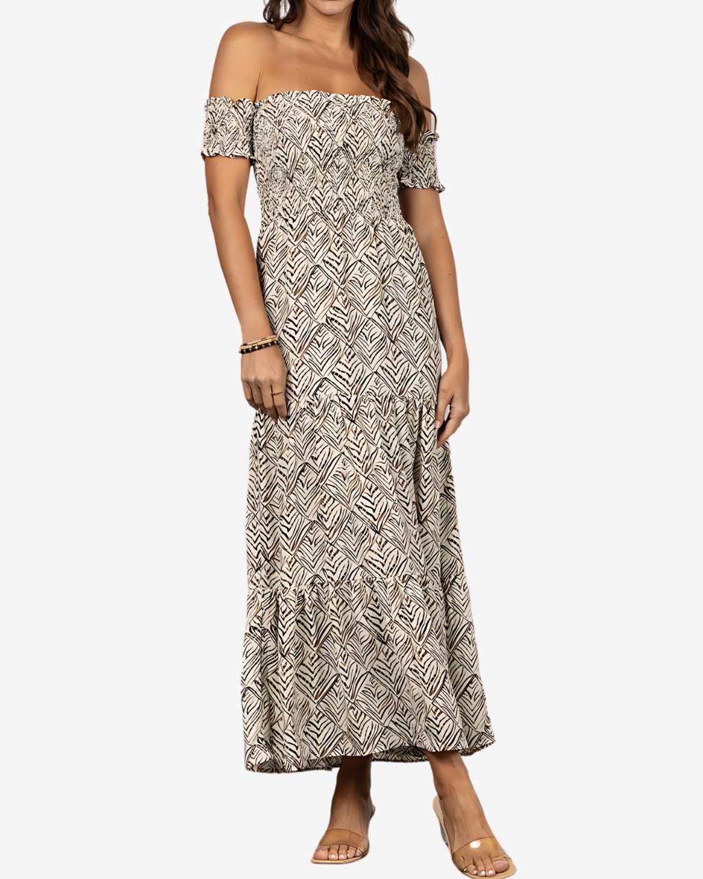 Sun-Kissed Leaf Print Off-the-Shoulder Maxi Dress