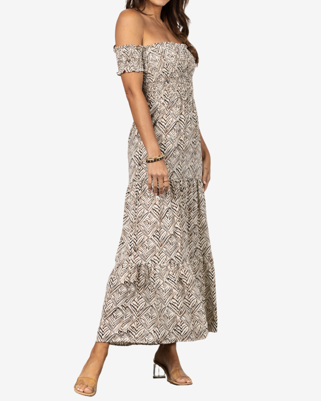 Sun-Kissed Leaf Print Off-the-Shoulder Maxi Dress