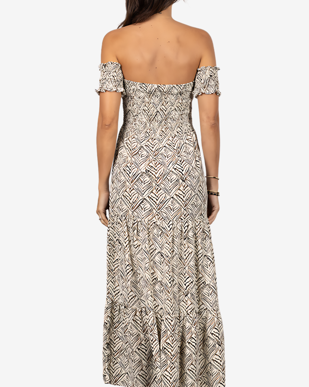 Sun-Kissed Leaf Print Off-the-Shoulder Maxi Dress